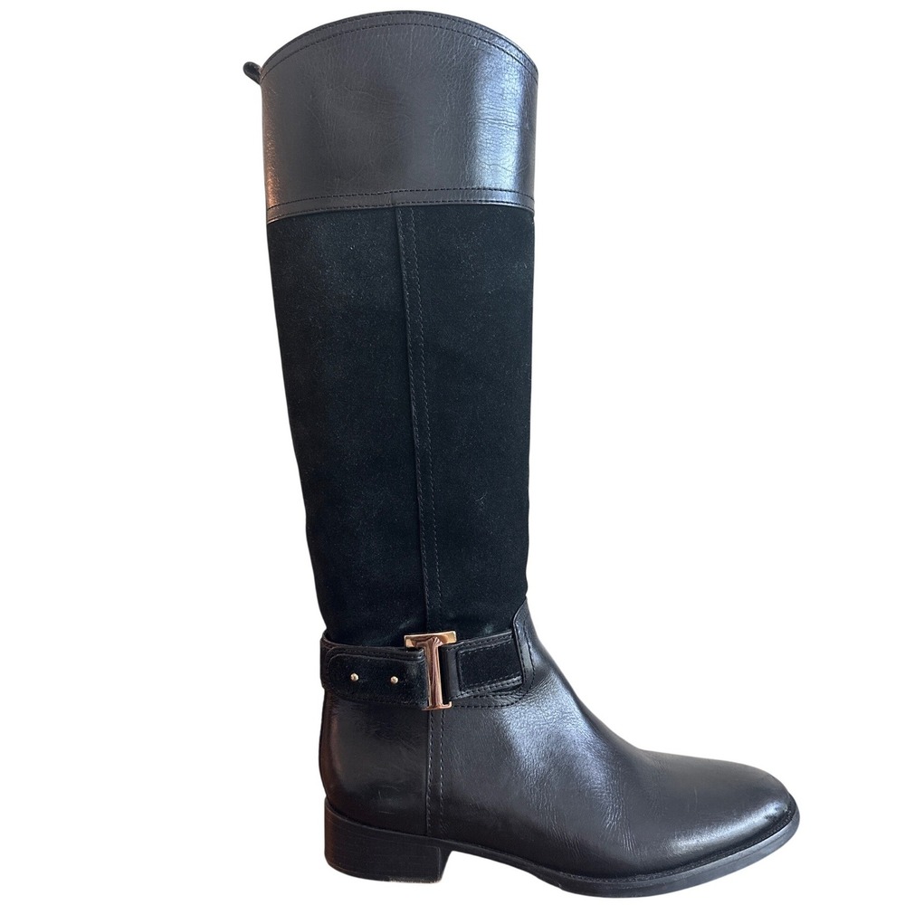 Tory Burch Tenley Riding Boots Black Leather Suede Gold T Logo Sz 8